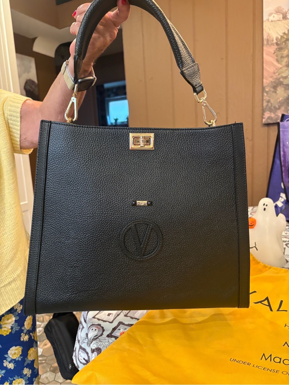 Valentino By Mario Valentino Black Pebbled Leather Top-Handle Shoulder Bag